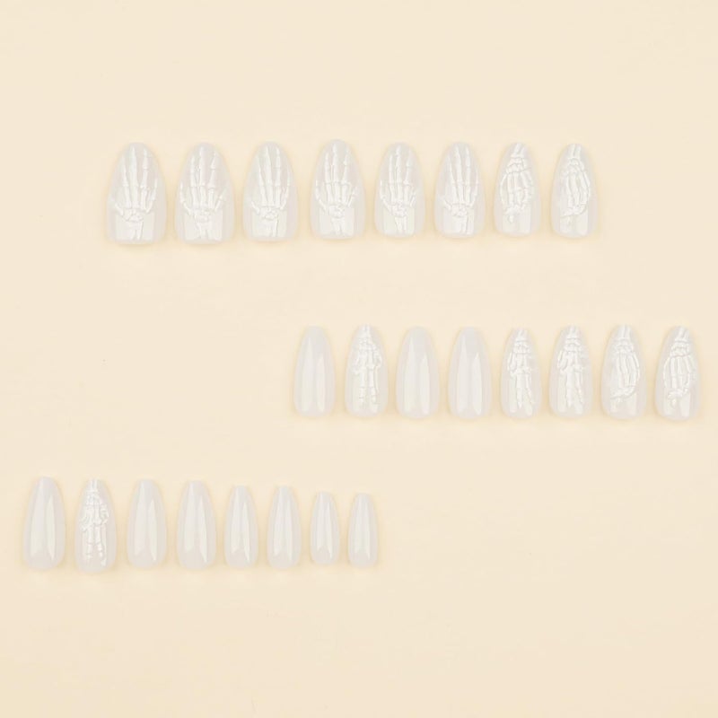 OCOUYVD 24 Pcs Halloween Press On Nails - Medium Almond, 3D White Skull Designs, French Tip, Glossy False Nails - DIY Manicure - Image 3
